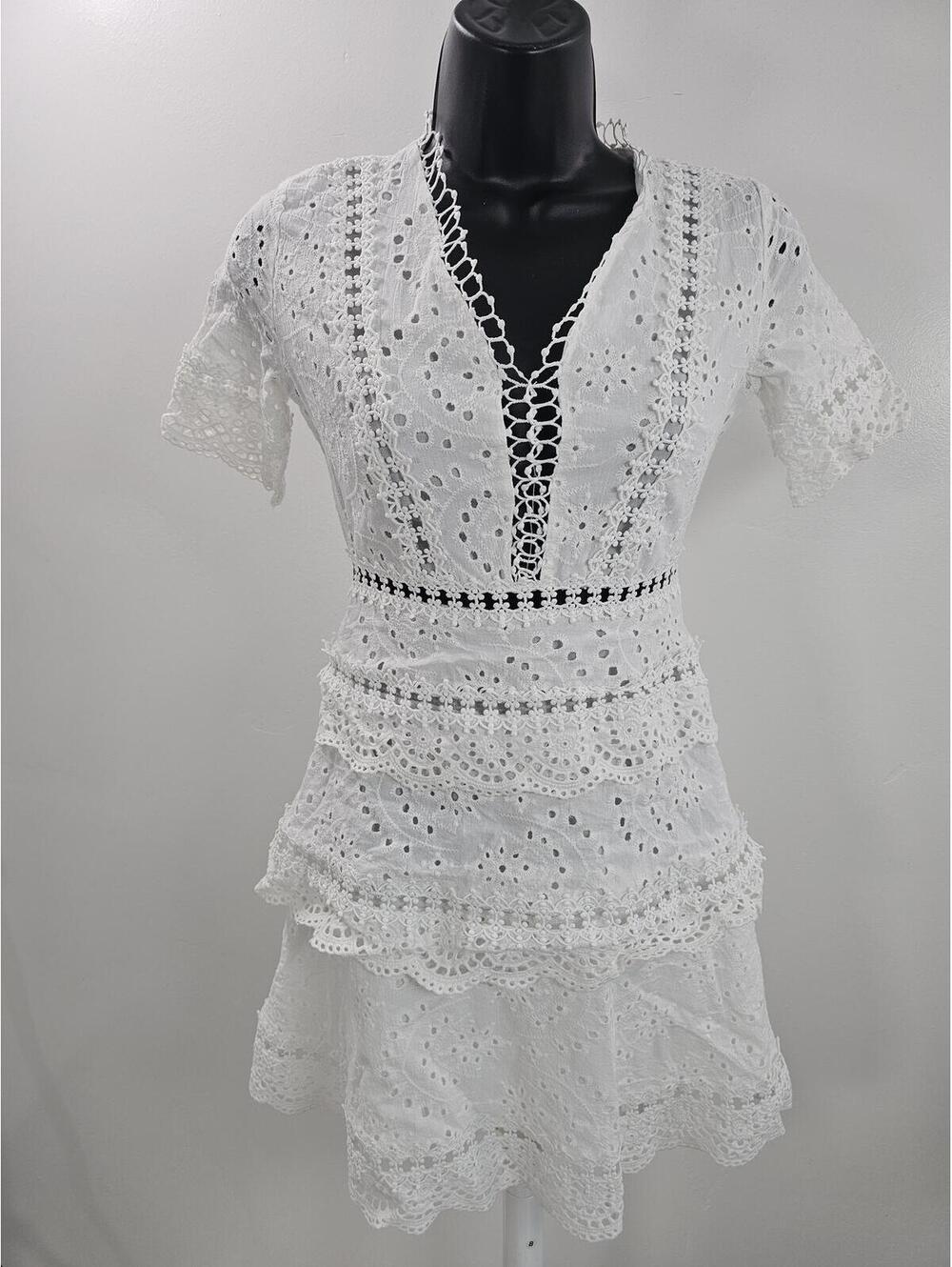 Anthropolgie White Eyelet Lace Summer Dress with V-Neck and Ruffle Details